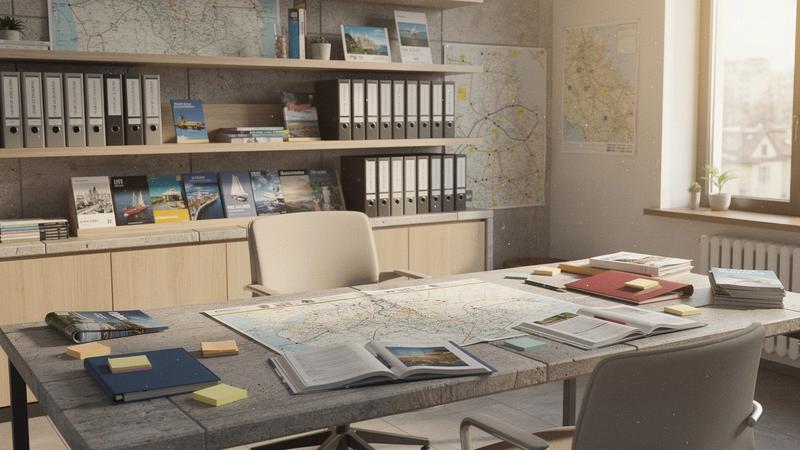 Modern travel agency workspace in Kyiv with route maps and natural light