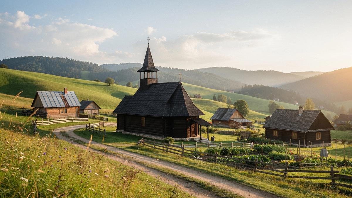 Sunlit Carpathian mountain village with wooden church