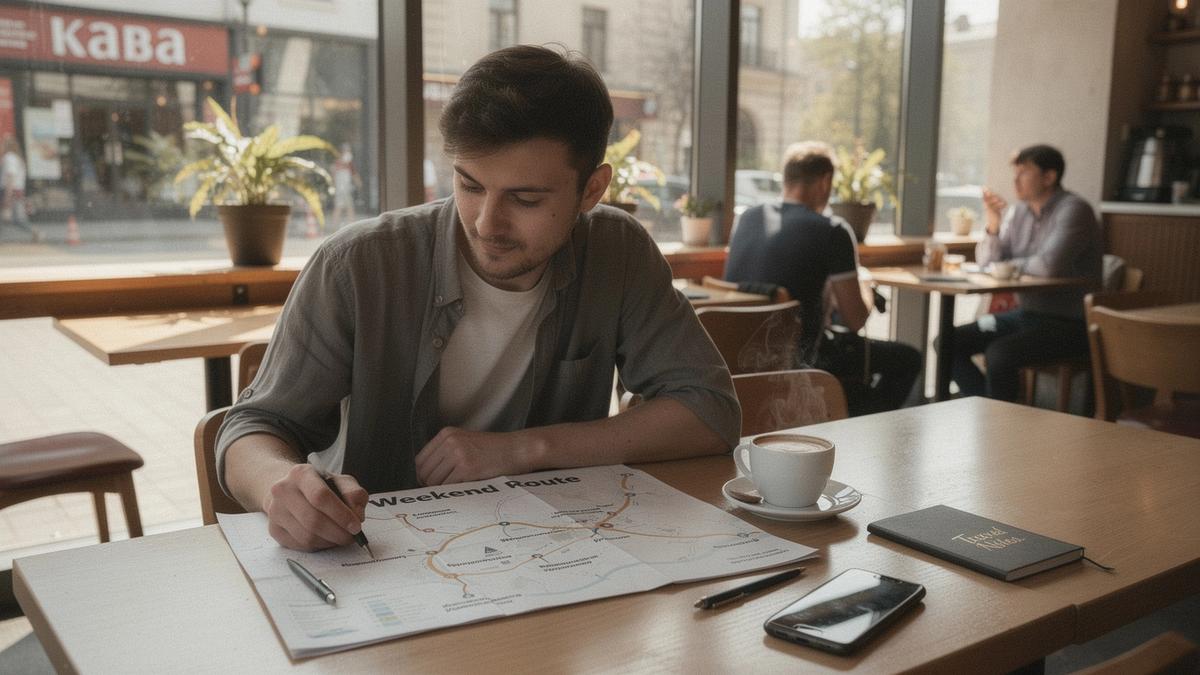 Traveler reviewing a printed weekend route map at a café table