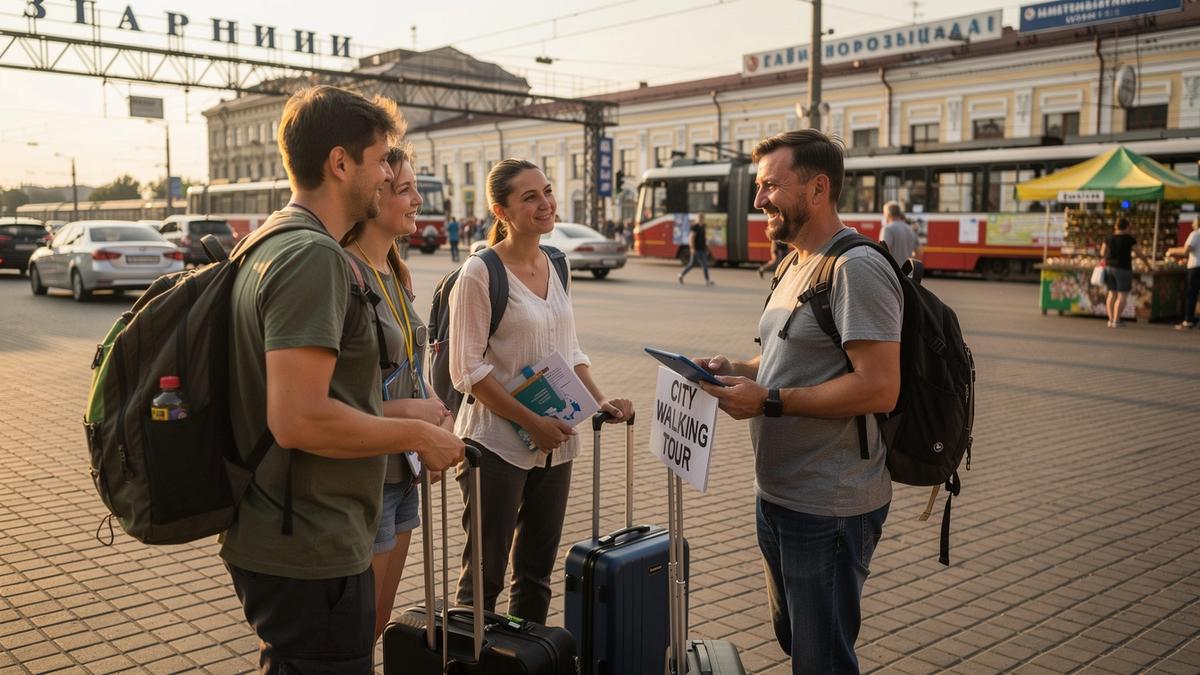 Travelers meeting a local guide at a departure point in Ukraine