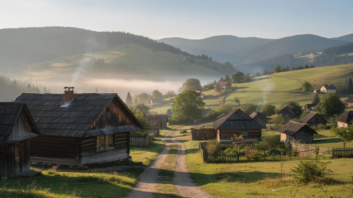 Morning light over the Carpathian foothills near a mountain village
