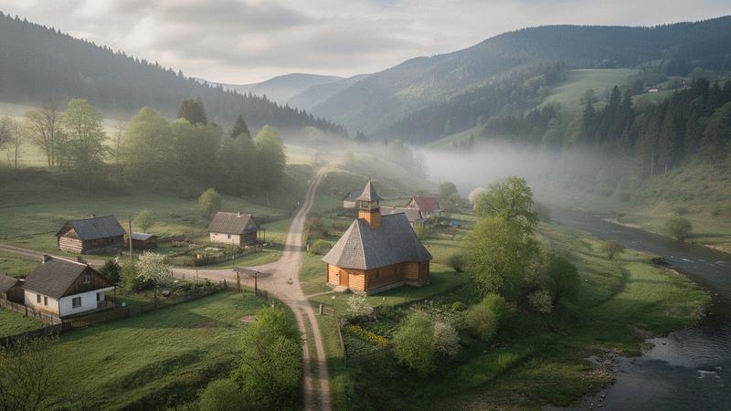 Yaremche mountain village with wooden church in Ukrainian Carpathians