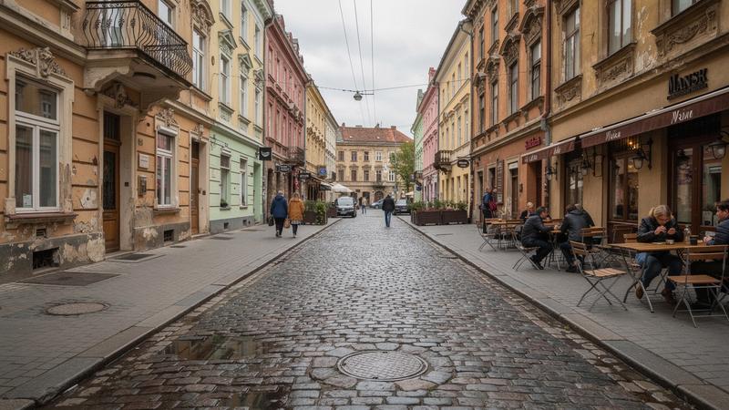 Cobblestone street and colorful buildings in Lviv old town
