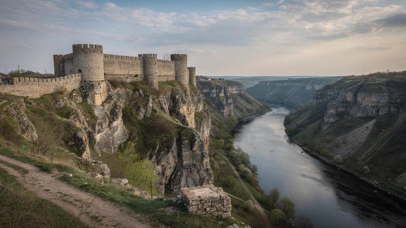 Kamianets-Podilskyi medieval fortress on a cliff above the river