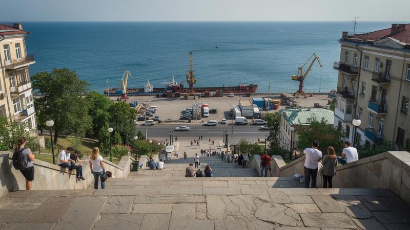 Potemkin Stairs and the port of Odesa with the Black Sea